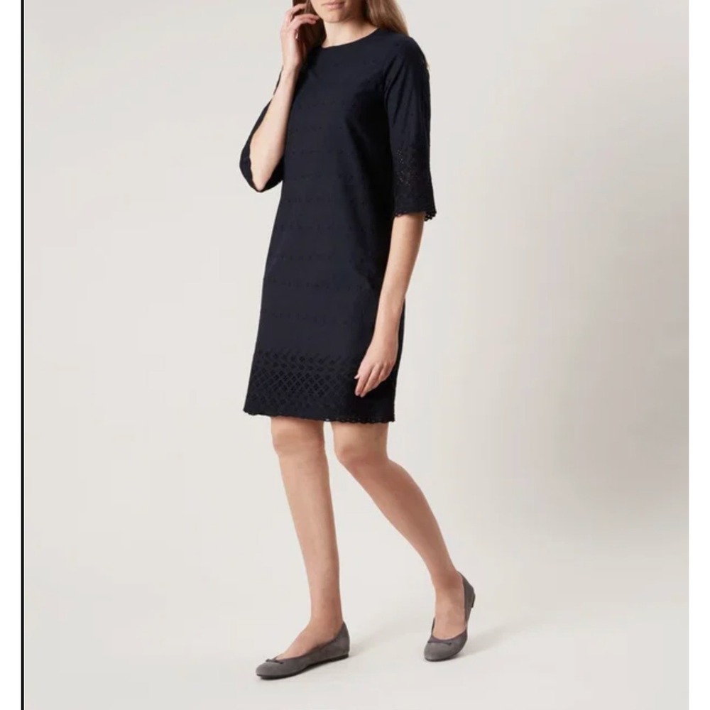 Hobbs London Adelaide Eyelet Shift Dress UK 16 US 12 Navy 100% Cotton
